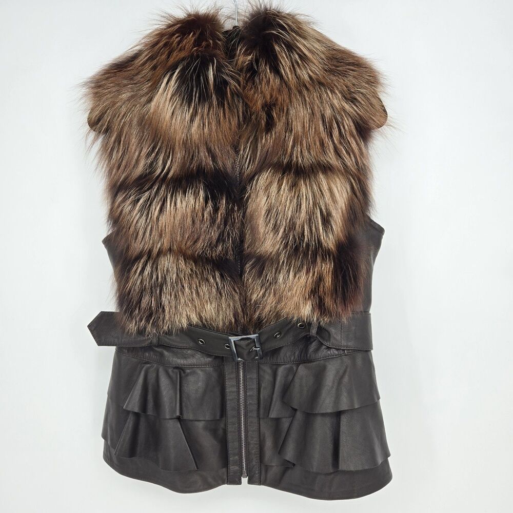 Real Lambskin Leather And Fox Fur Vest Womens L-XL Luxury Maximalist Edgy Glam